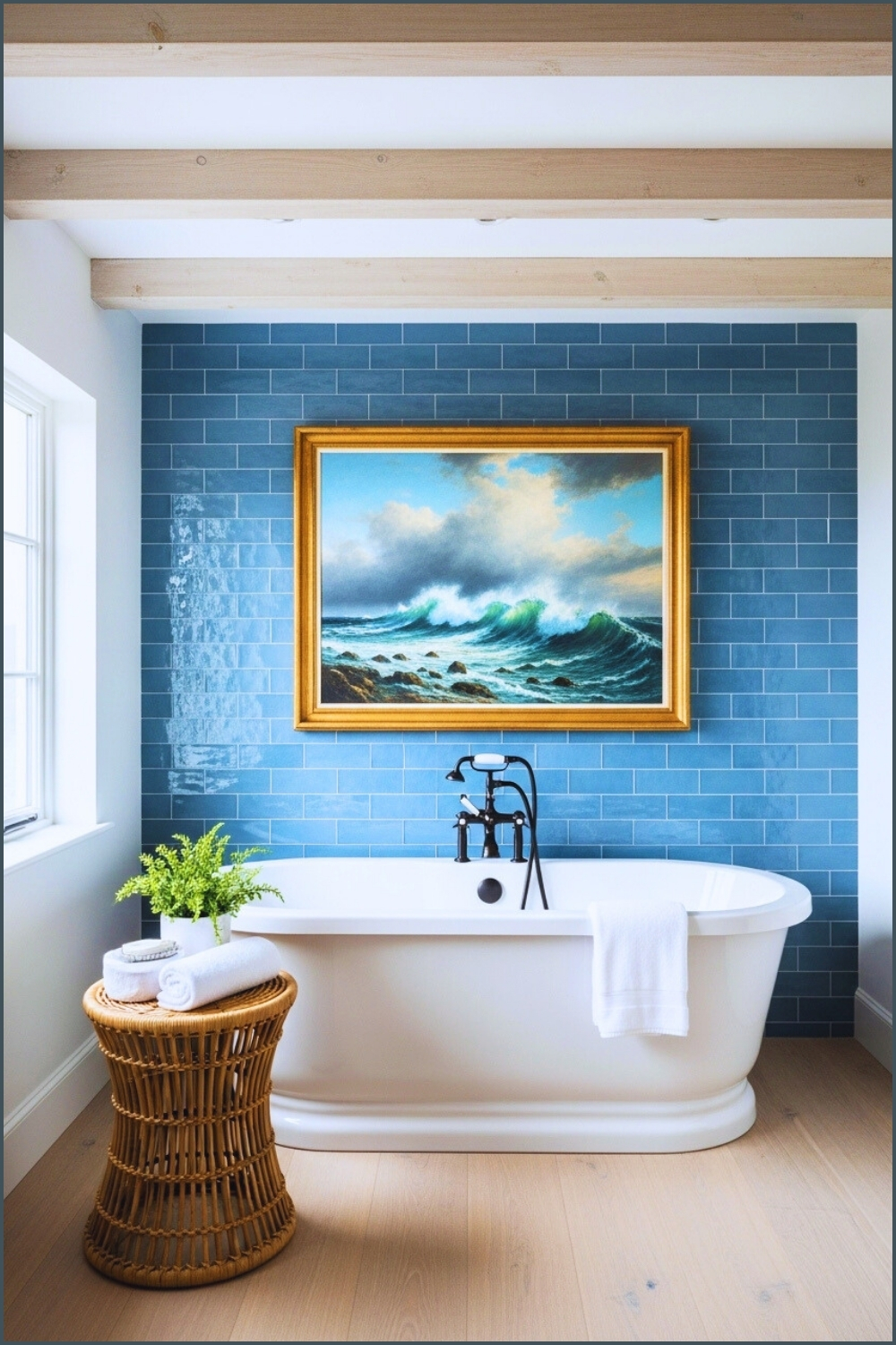 Coastal Bathroom Interior, Blue Glazed Subway Tile Feature Wall