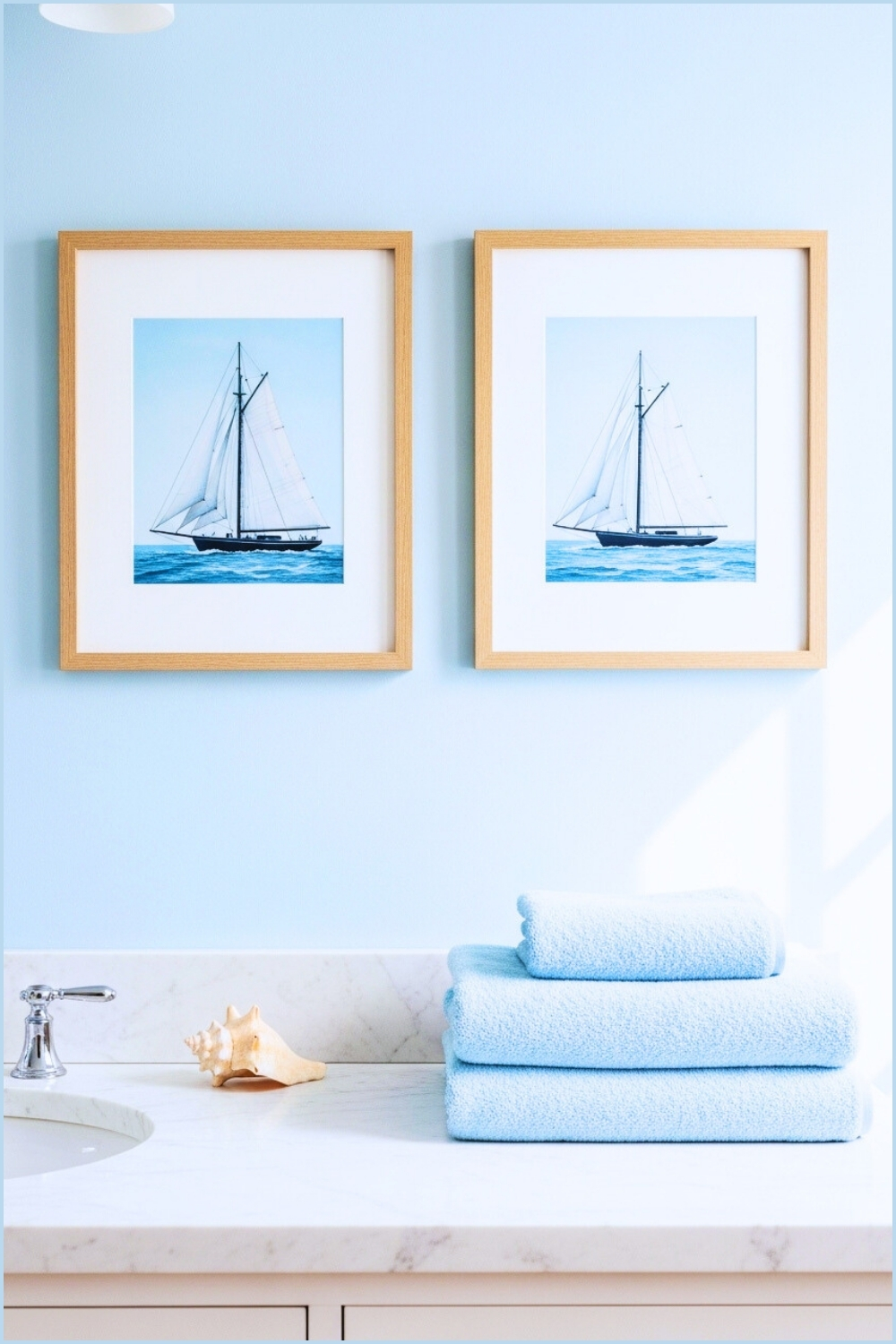 Coastal Bathroom Vignette Featuring Two Framed Sailboat
