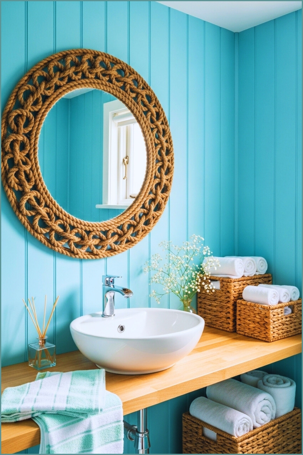 Coastal Chic Bathroom With Vibrant Turquoise Wood Paneled