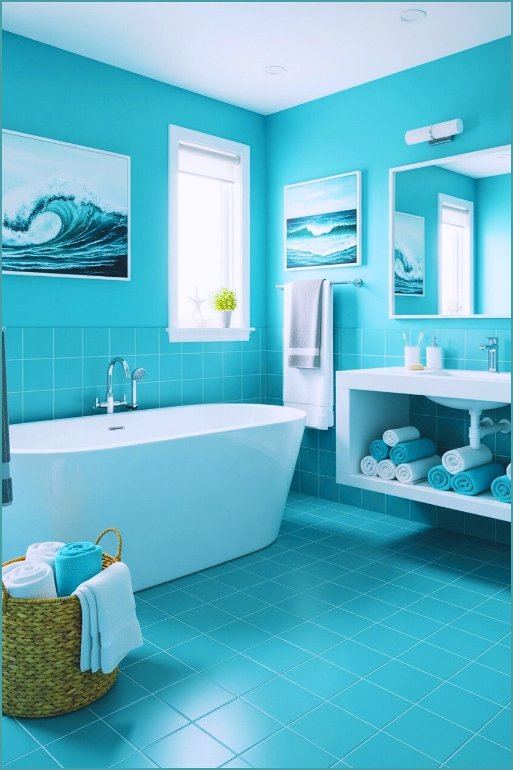 Coastal Modern Bathroom With Bright Teal Walls And Matching Tiled Floor