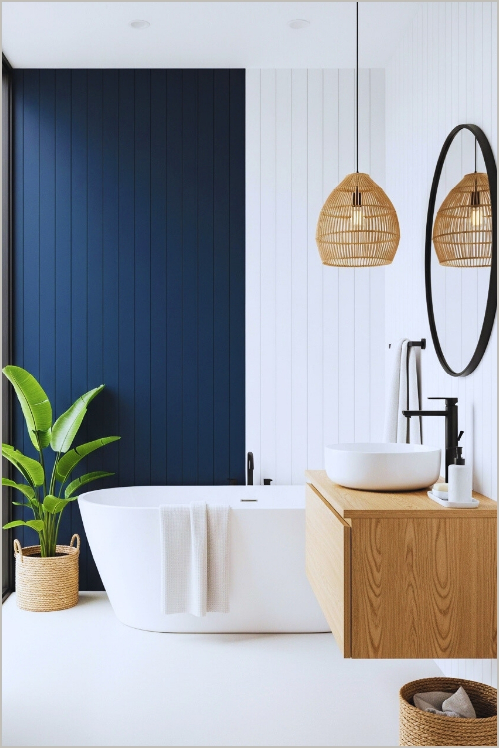 Coastal Modern Bathroom With Deep Navy Vertical Panel Wall