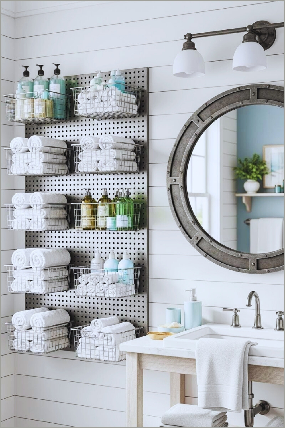 Coastal Style Bathroom With Metal Pegboard Storage