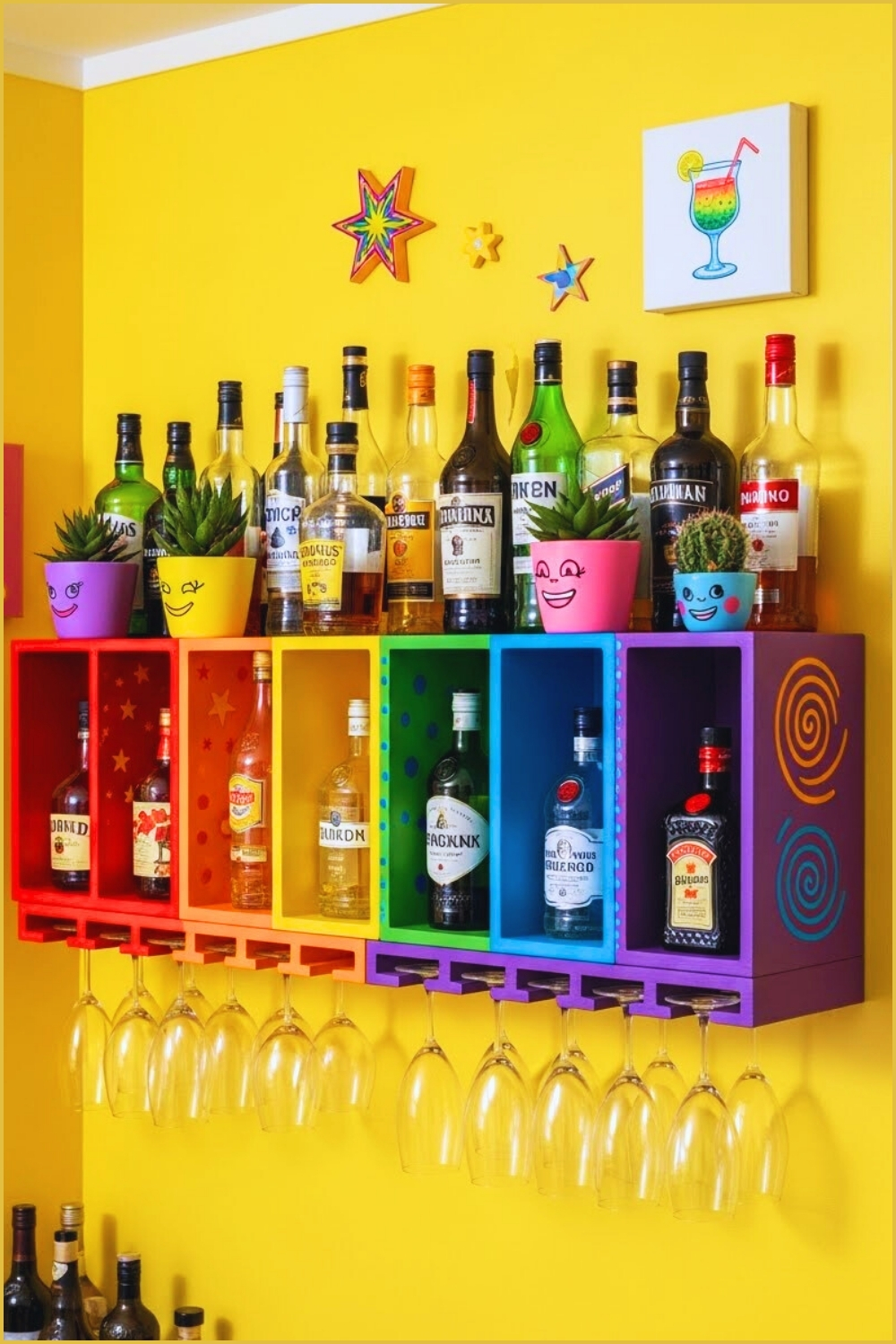 Colorful Artistic Bar Shelf On Bright Yellow Wall