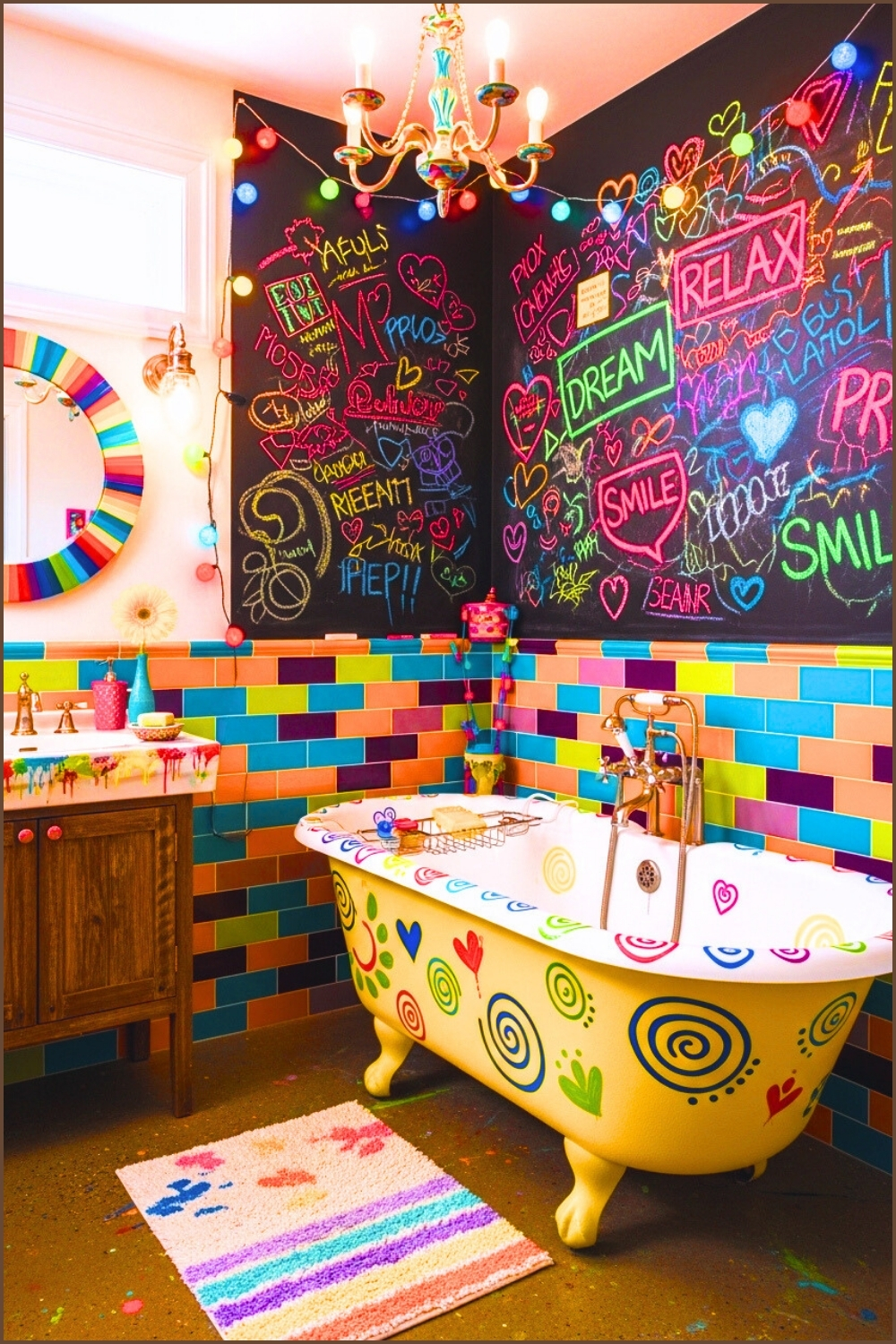 Colorful Artistic Bathroom With A Bright Yellow Bathtub Decorated