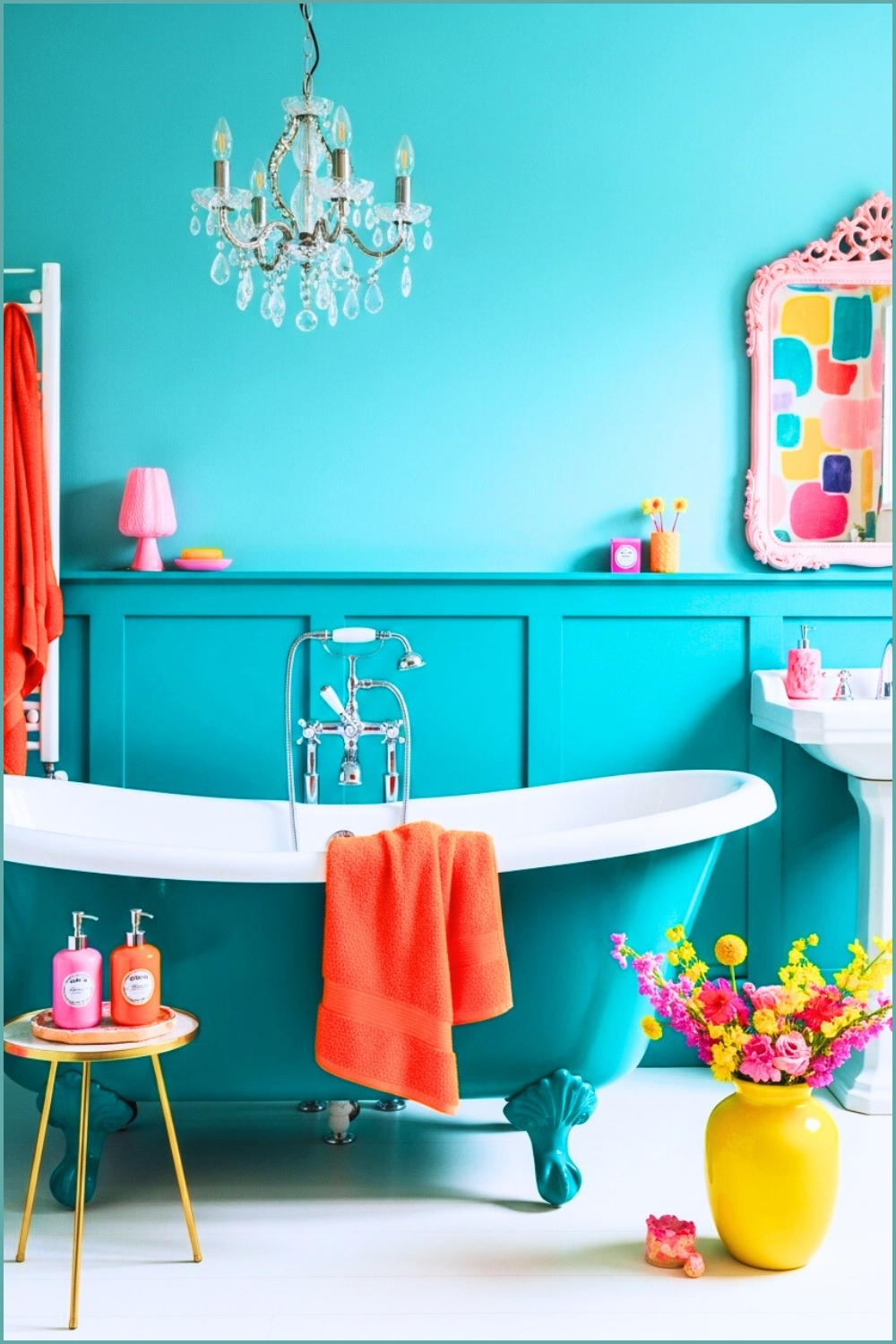Colorful Eclectic Bathroom With Bold Teal Wall Paneling