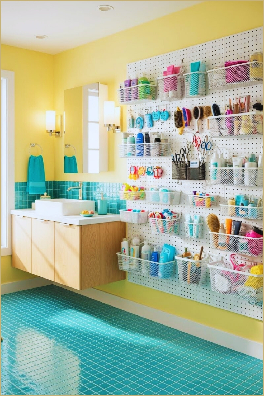 Colorful Family Bathroom With Large White Pegboard