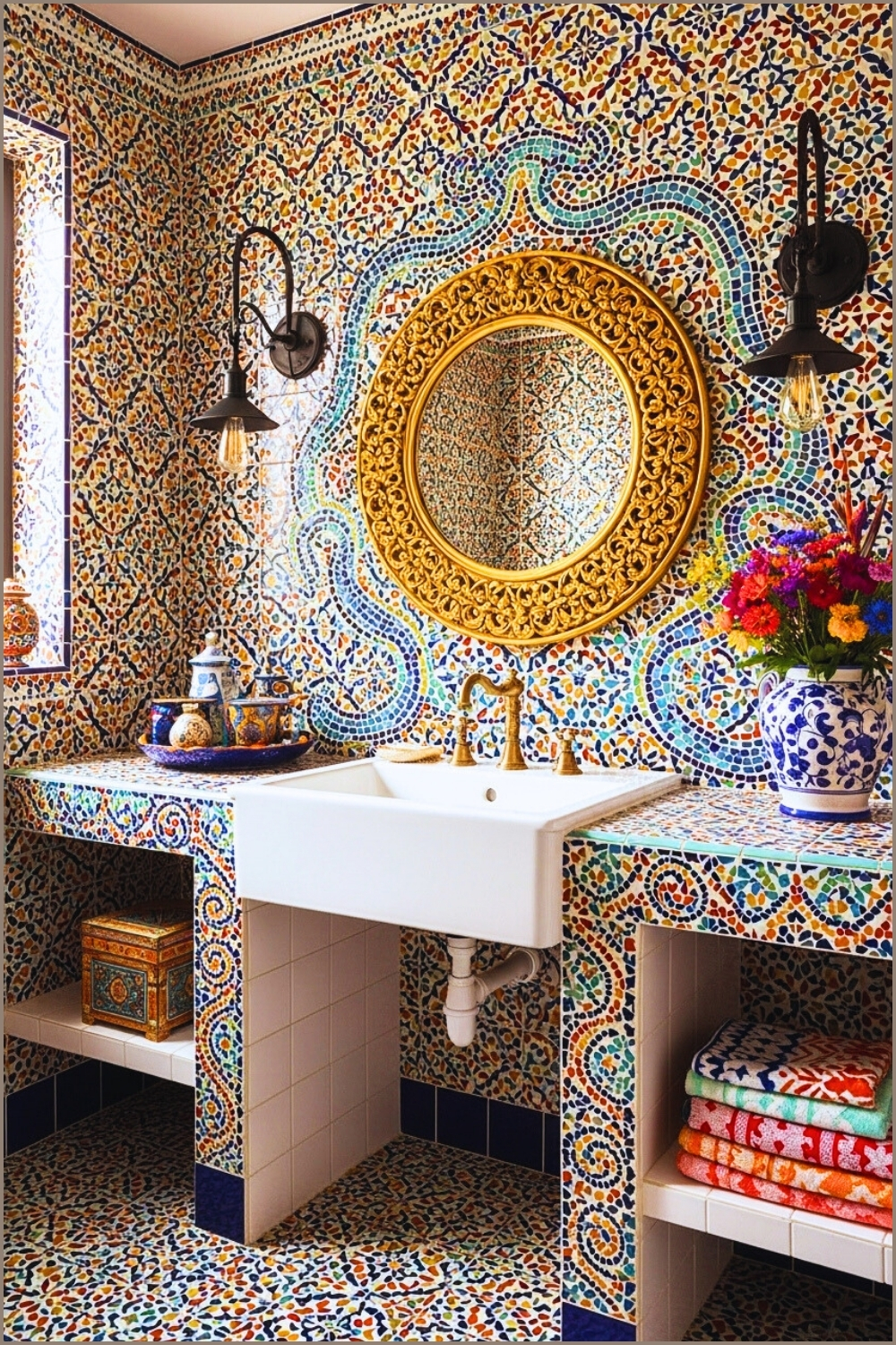 Colorful Maximalist Bathroom Featuring Bold Moroccan Inspired