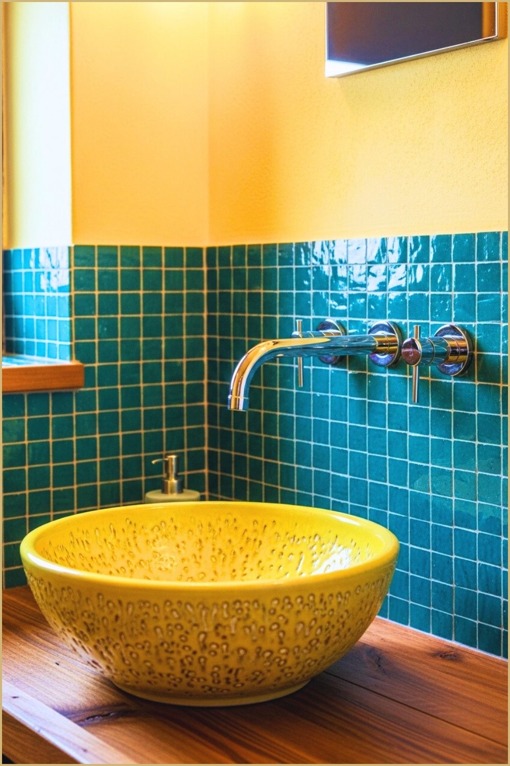 Colorful Mediterranean Bathroom Design, Yellow Ceramic Vessel