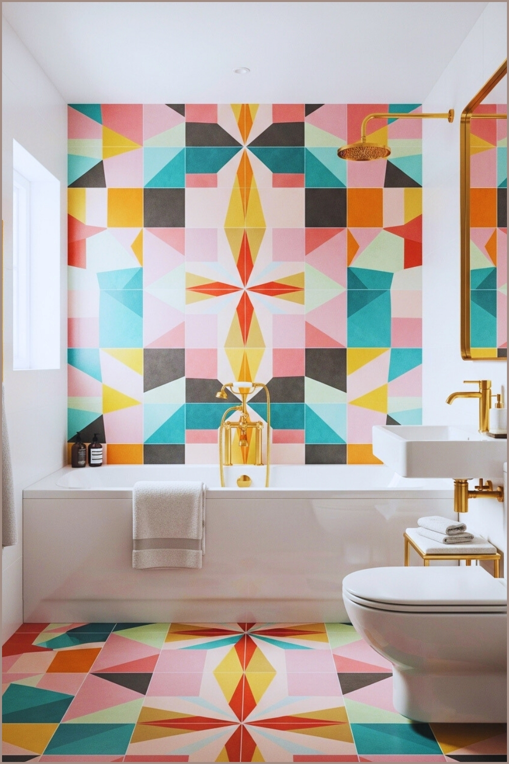 Colorful Modern Bathroom With Large Geometric Tiles In Pink