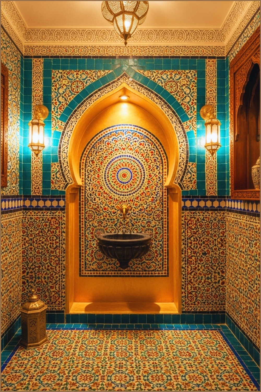 Colorful Moroccan-inspired Mosaic Bathroom, Vibrant Teal
