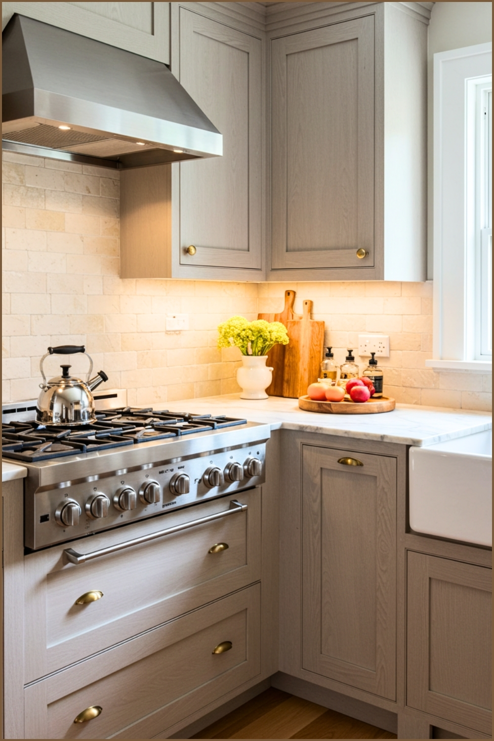 Compact L Shaped Kitchen With White Oak Shaker Cabinets