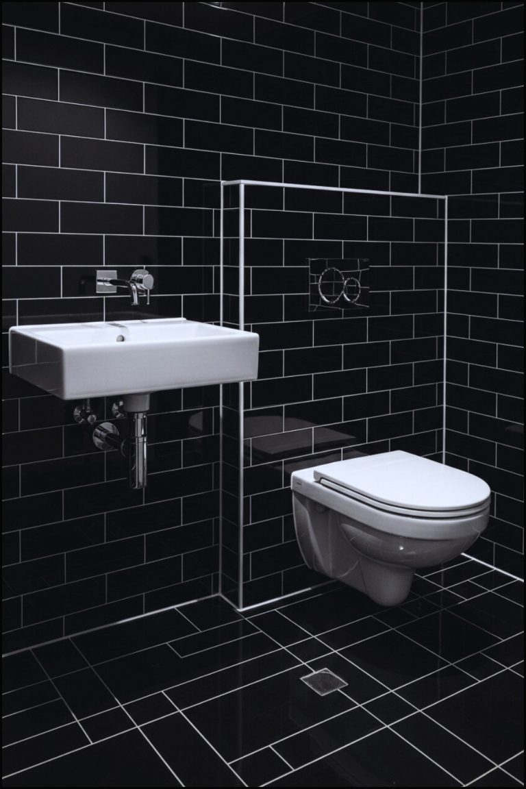 Compact Modern Bathroom Covered In Glossy Black Subway