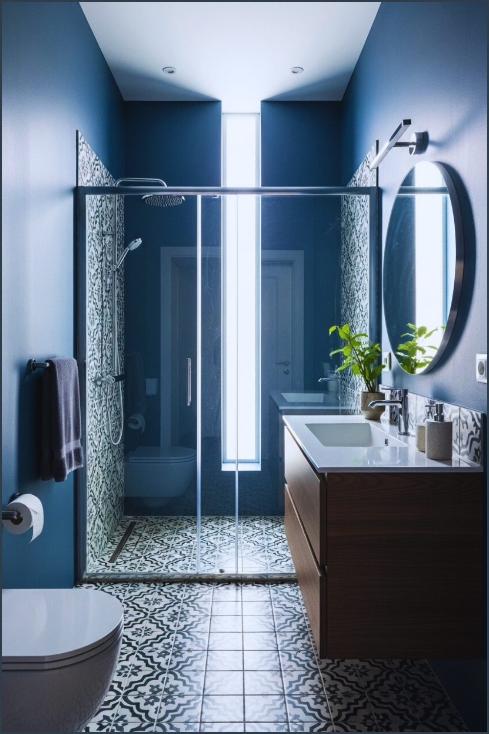 Compact Modern Bathroom, Deep Blue Painted Walls, Patterned Encaustic Floor Tiles