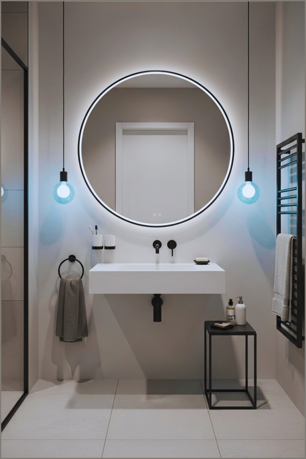 Compact Modern Bathroom, Round Mirror With Black Trim, Floating Pendant