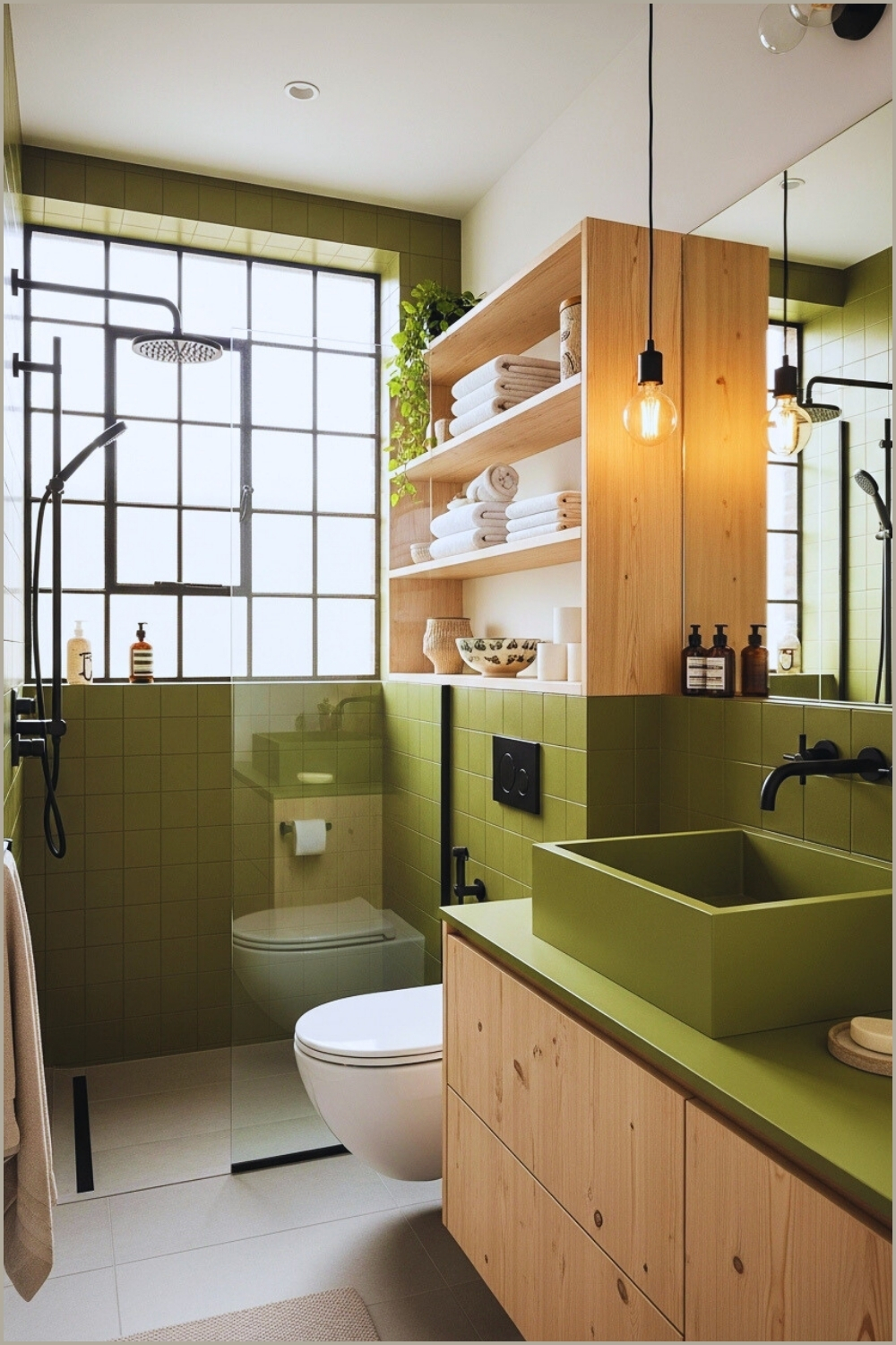 Compact Modern Bathroom With Olive Green Wall Tiles And Vanity