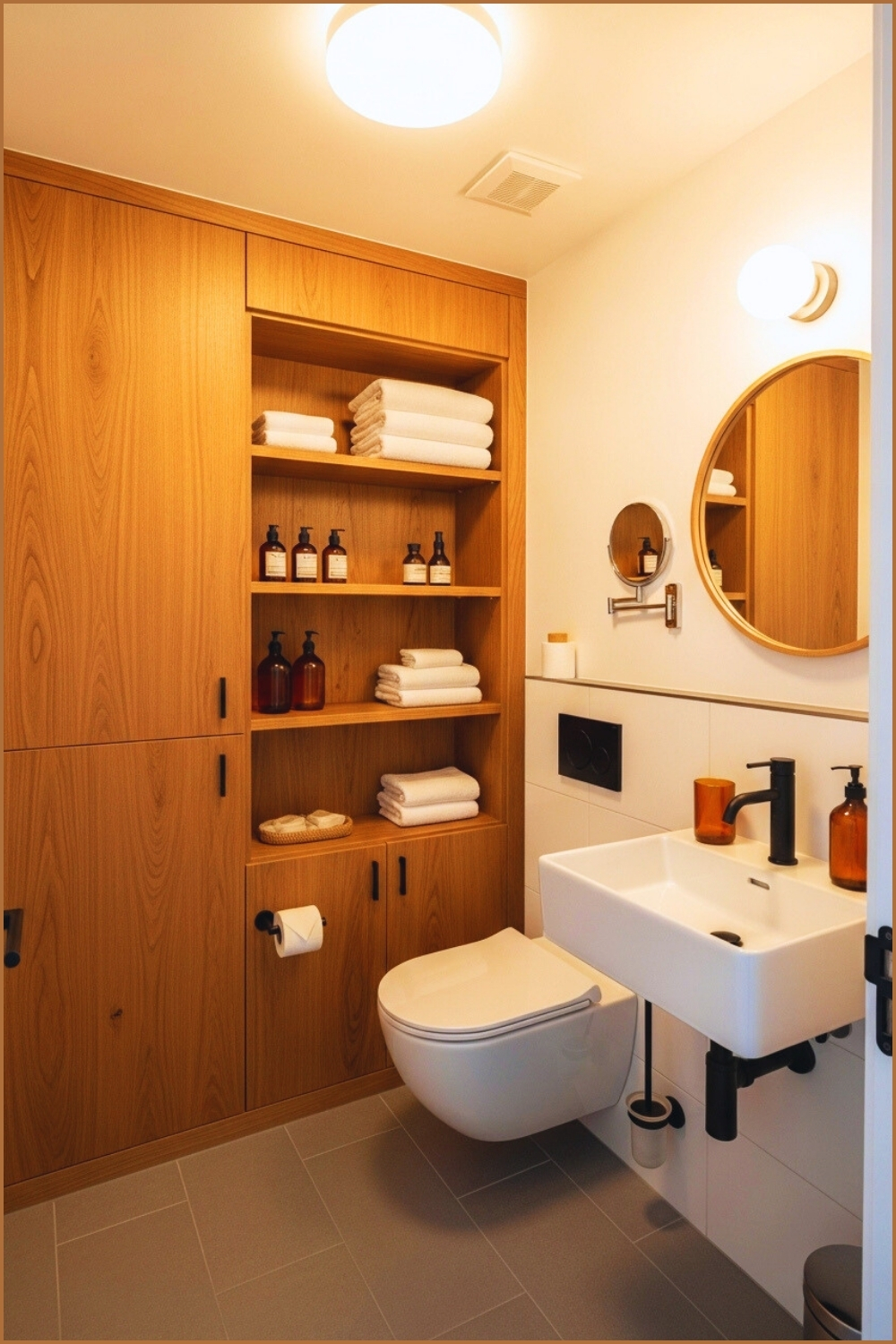 Compact Modern Bathroom With Warm Wood Built In Cabinetry