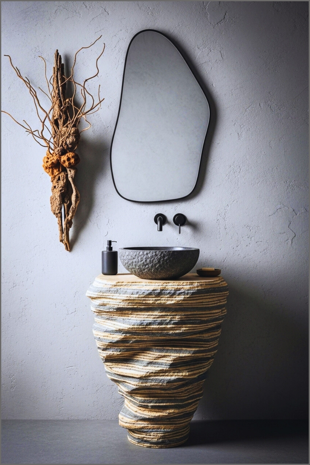 Contemporary Artistic Bathroom, Stacked Layered Stone Pedestal Sink