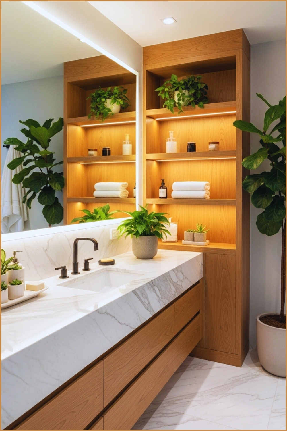 Contemporary Bathroom Design, Built-in Warm Wood Shelving