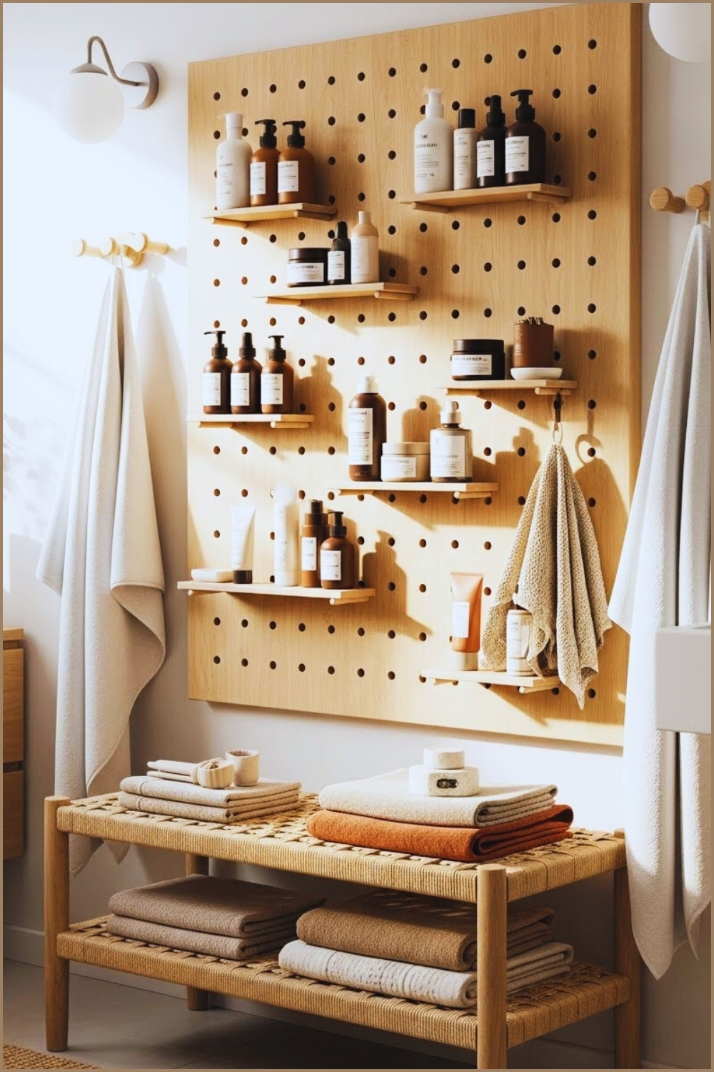 Contemporary Bathroom Interior With Large Natural Wood Pegboard