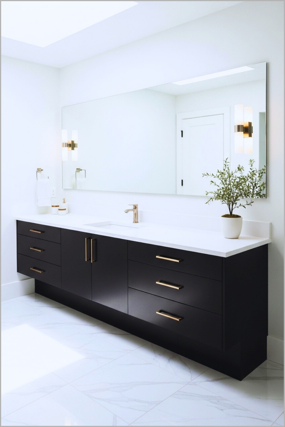 Contemporary Bathroom, Sleek Black Vanity With Bronze Handles