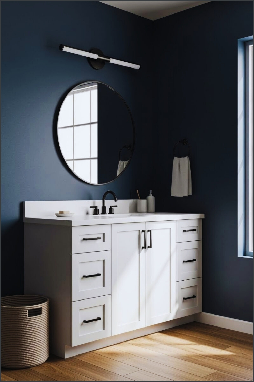 Contemporary Bathroom With Deep Navy Blue Walls
