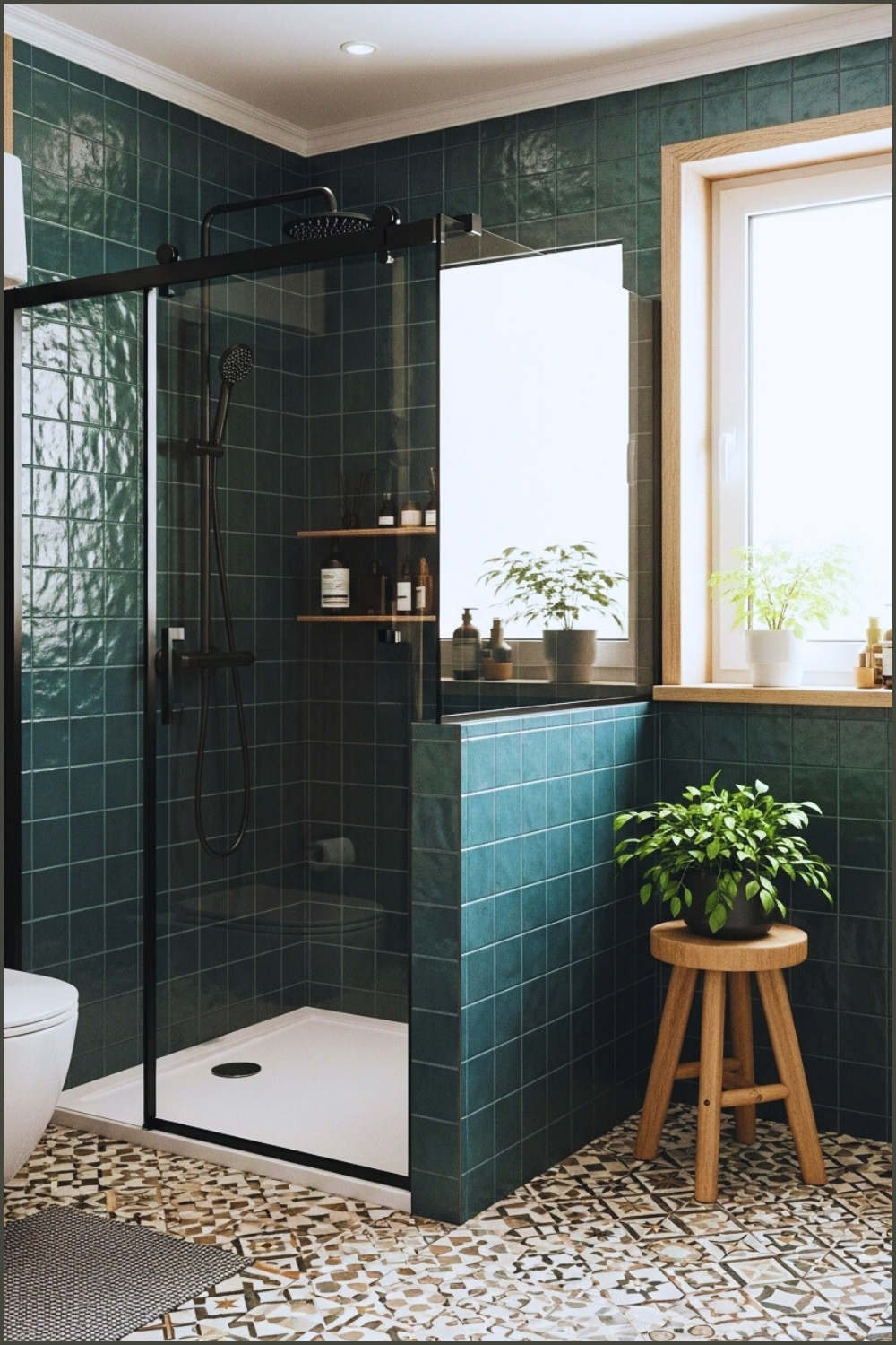 Contemporary Bathroom With Deep Teal Square Tiles
