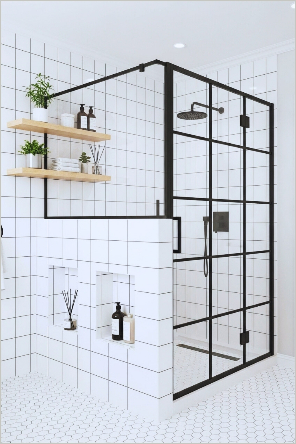 Contemporary Bathroom With Oversized White Square Grid Tiles