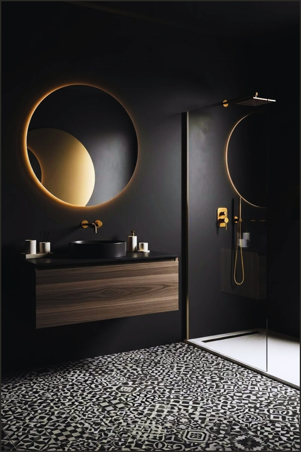 Contemporary Black Bathroom With Geometric Patterned Floor Tiles