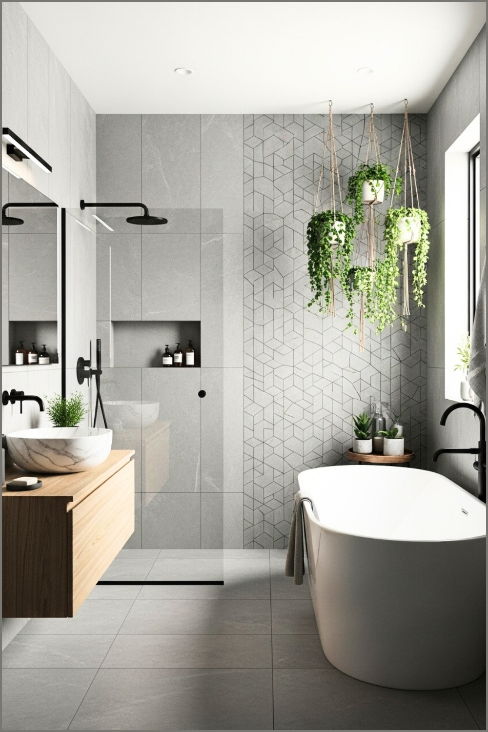 Contemporary Concrete Bathroom With Grey Tiles