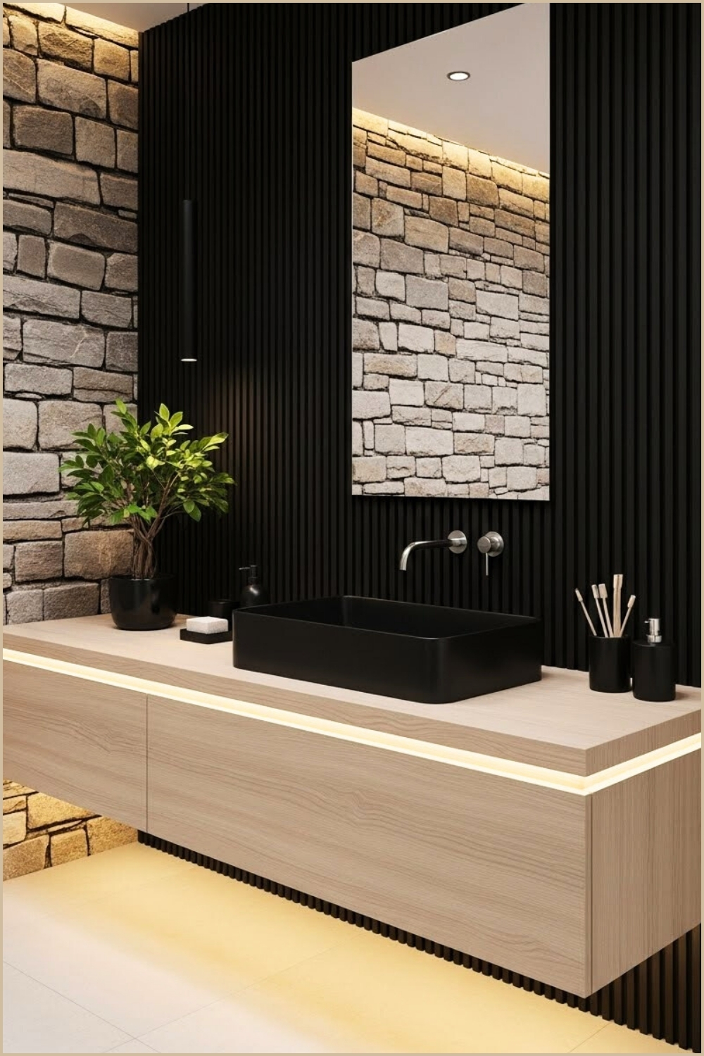Contemporary Minimalist Bathroom Featuring A Matte Black Vessel Sink