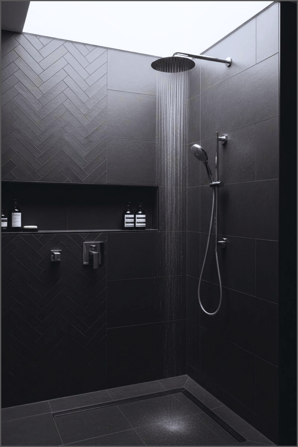 Contemporary Minimalist Shower With Matte Black Herringbone