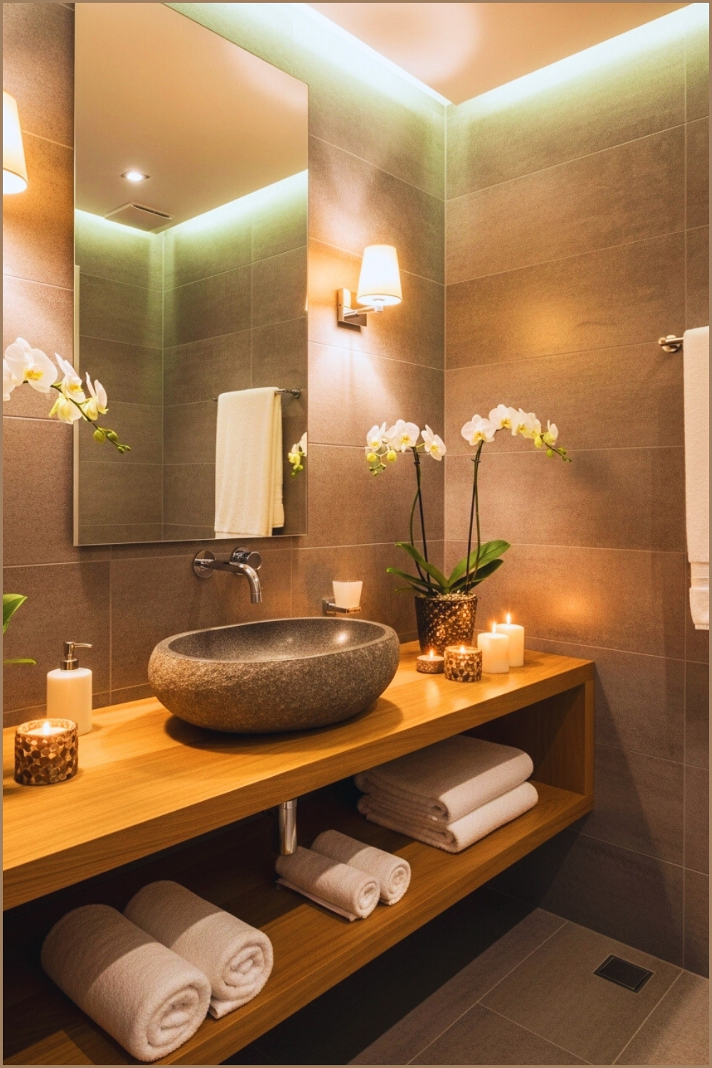 Contemporary Spa Bathroom, Stone Sink Bowl On Wooden Vanity