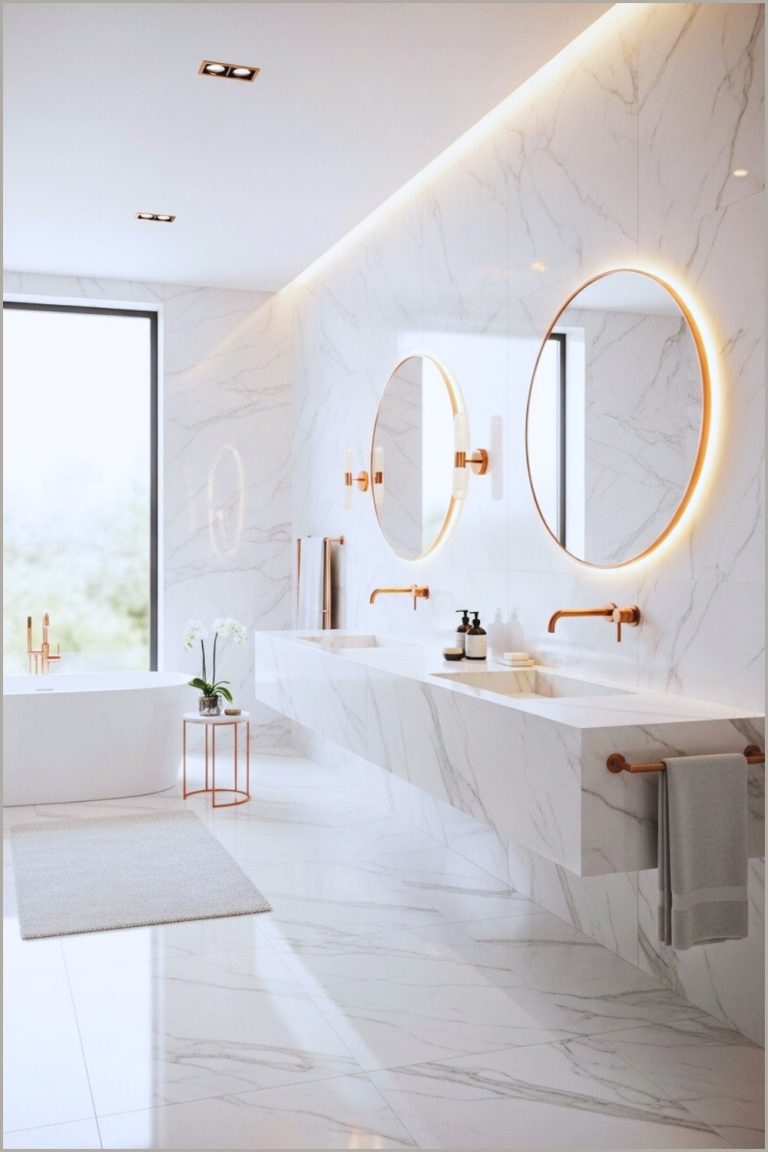 Contemporary White Bathroom With Large-scale Marble Tiles