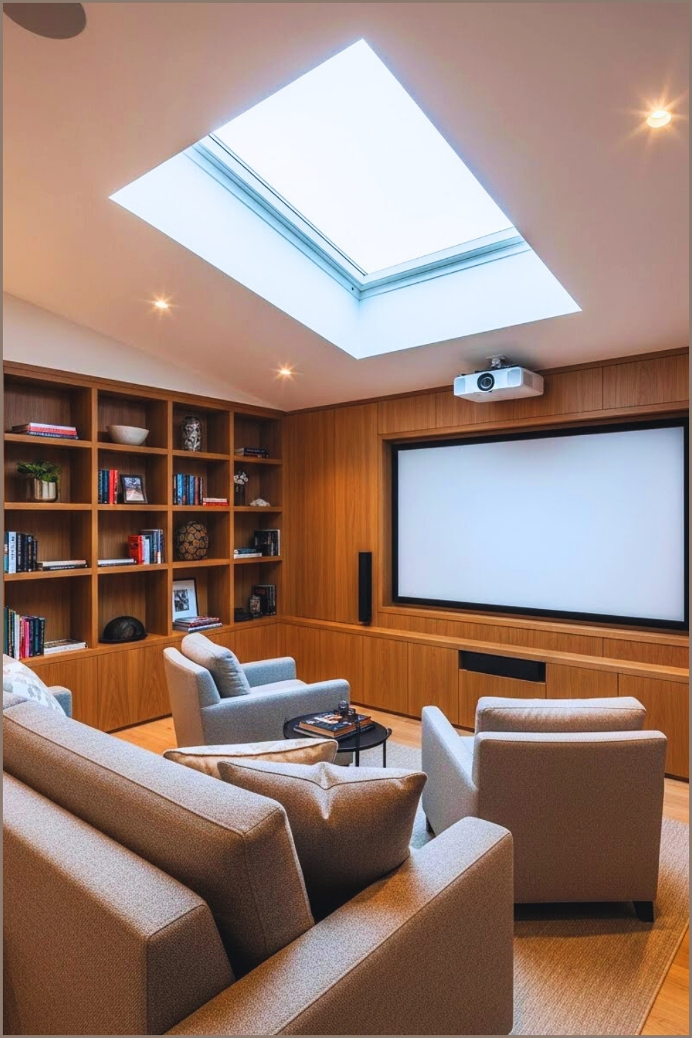 Cozy Attic Home Theater Room Sloped Ceiling With Skylight Window