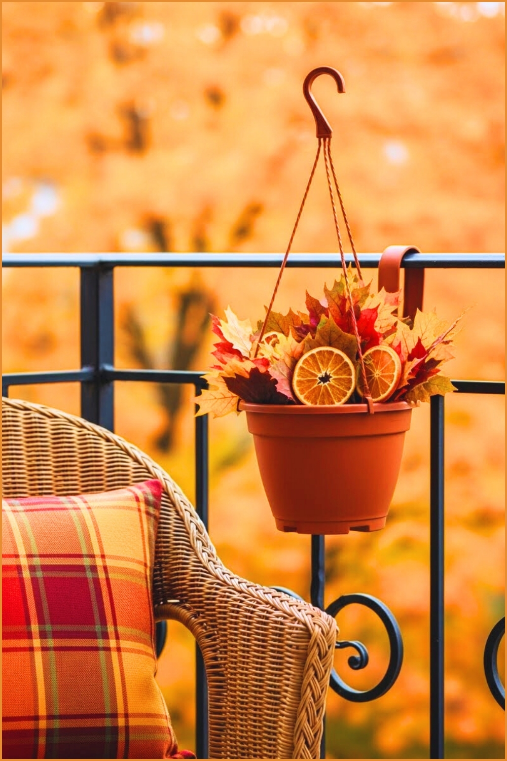 Cozy Autumn Balcony With Plaid Throw Pillows In Warm Red