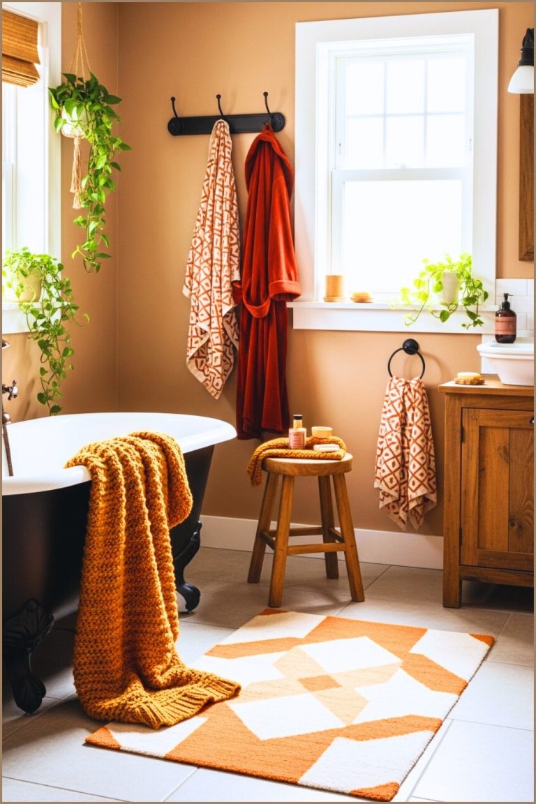 Cozy Autumn Inspired Bathroom With A Black Clawfoot Tub