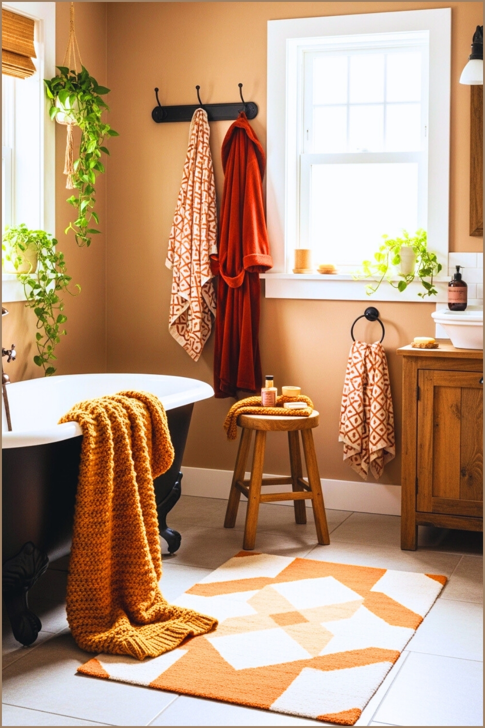 Cozy Autumn Inspired Bathroom With A Black Clawfoot Tub
