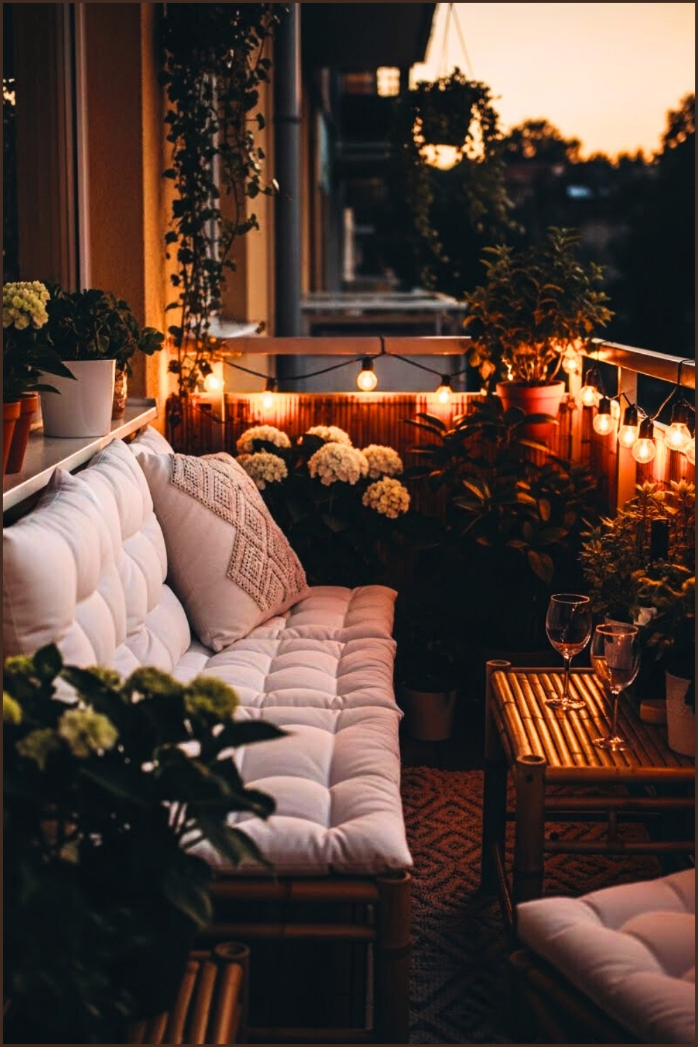 Cozy Bamboo-style Balcony With White Cushions