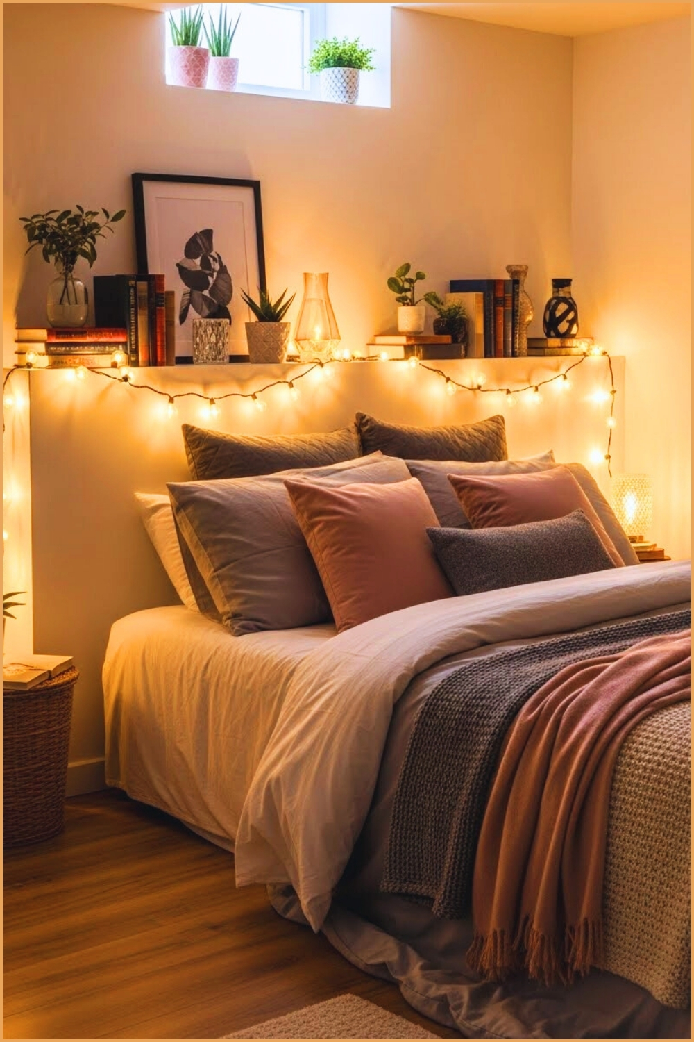 Cozy Basement Bedroom With A Half Wall Ledge Behind The Bed