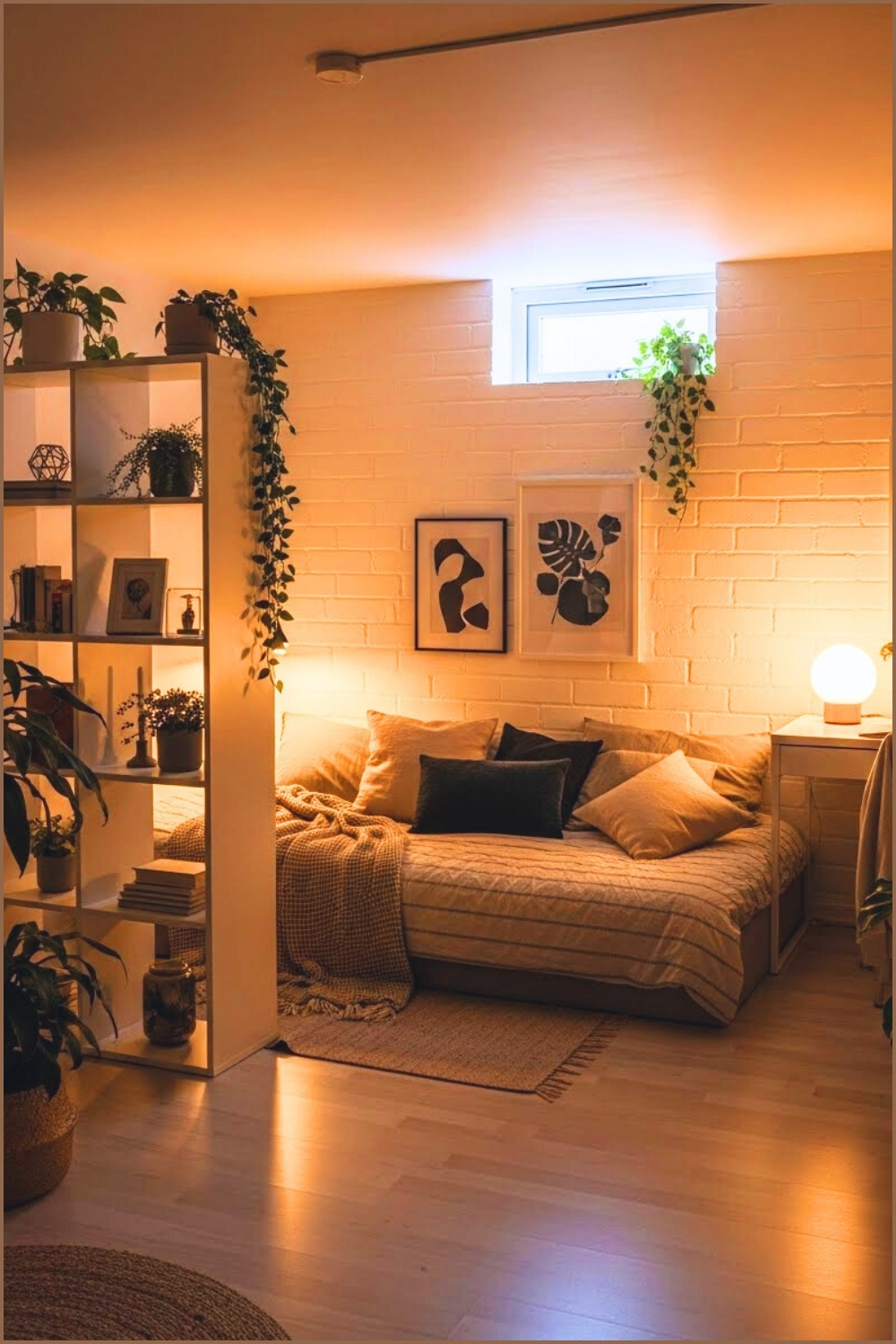 Cozy Basement Bedroom With Open Shelving Divider
