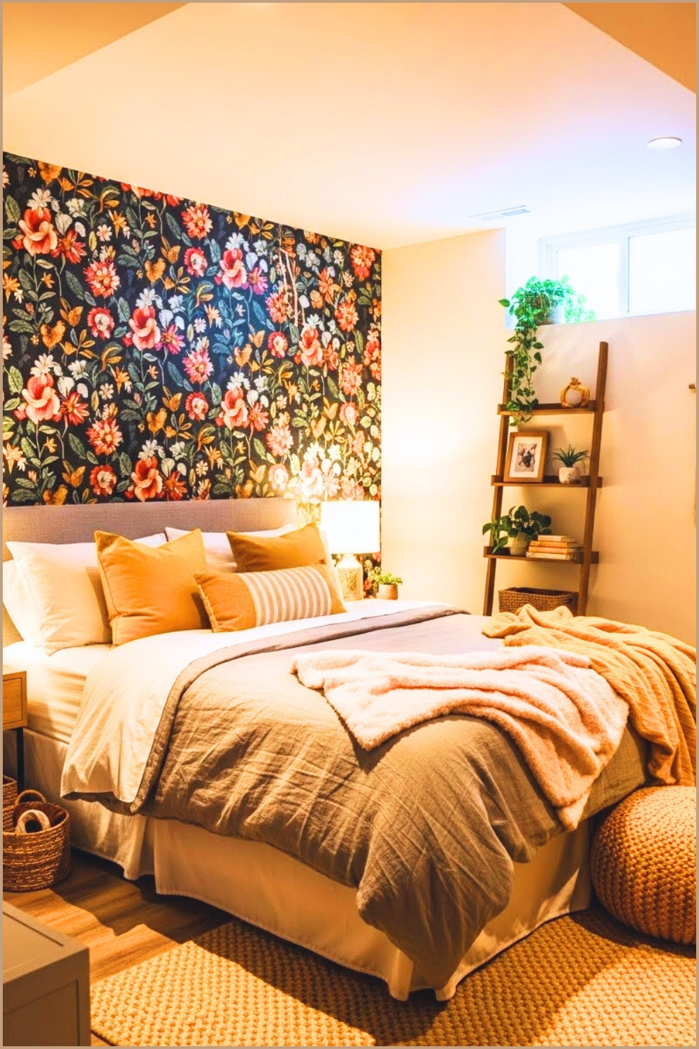 Diy Basement Bedroom Makeover With Bold Floral Accent Wall