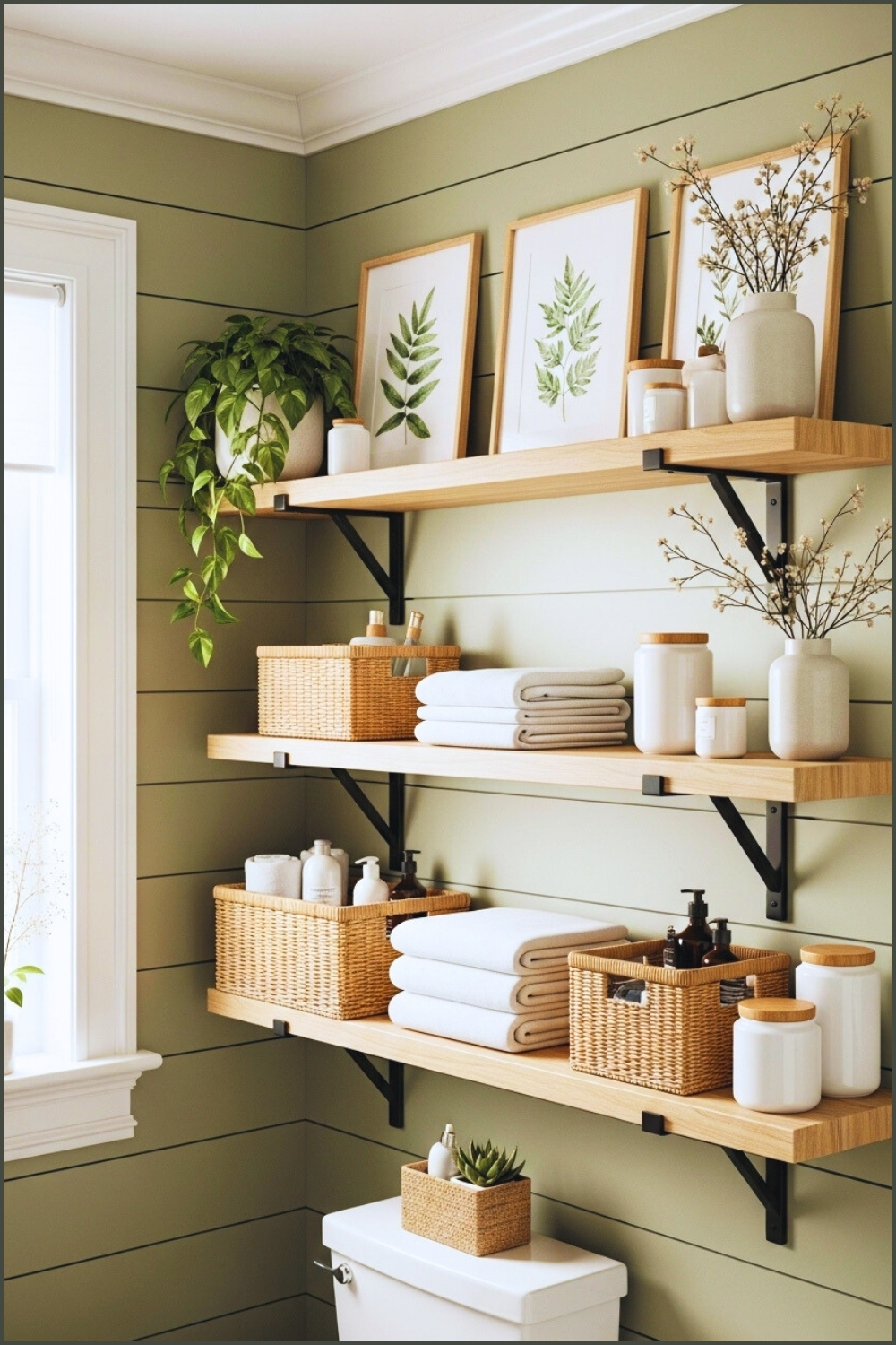 Cozy Bathroom Shelves Styled On Sage Green Shiplap Walls
