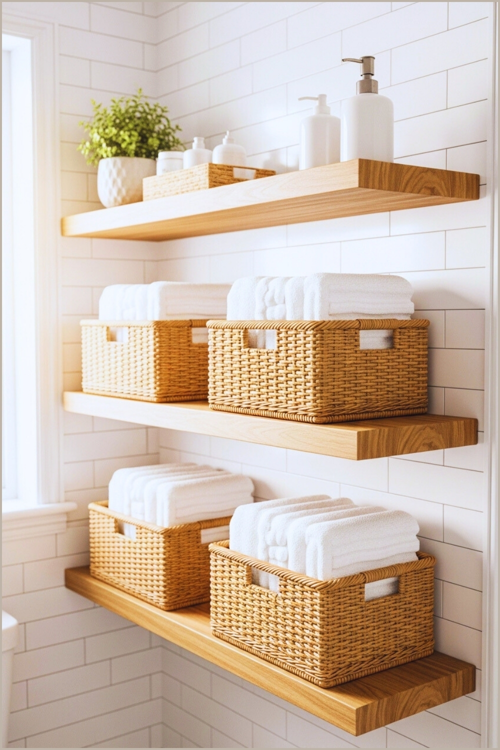 Cozy Bathroom Shelving With Natural Wicker Baskets