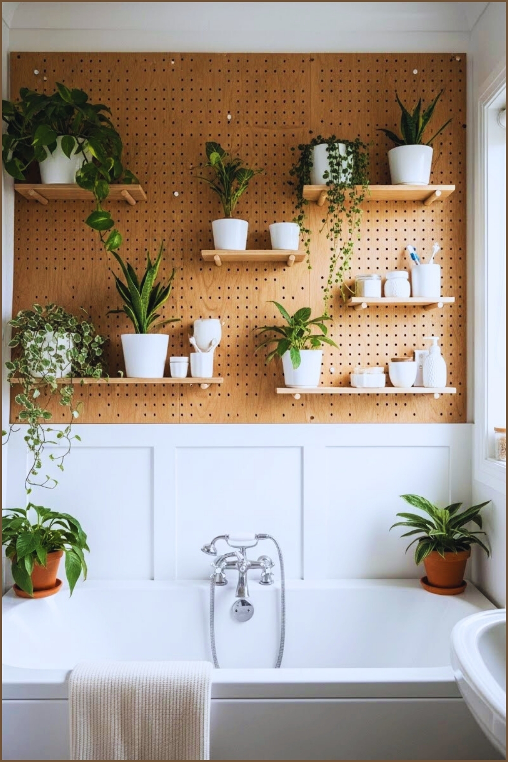 Cozy Bathroom With A Large Natural Wood Pegboard