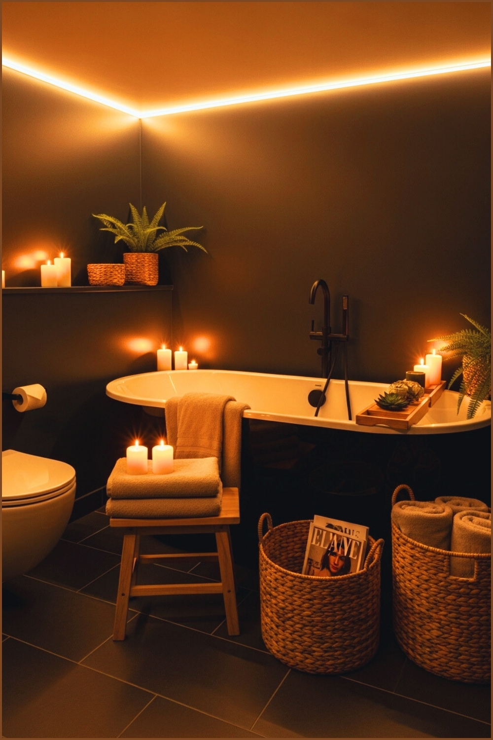 Cozy Black Bathroom With Warm Candlelight, Soft Beige Towels