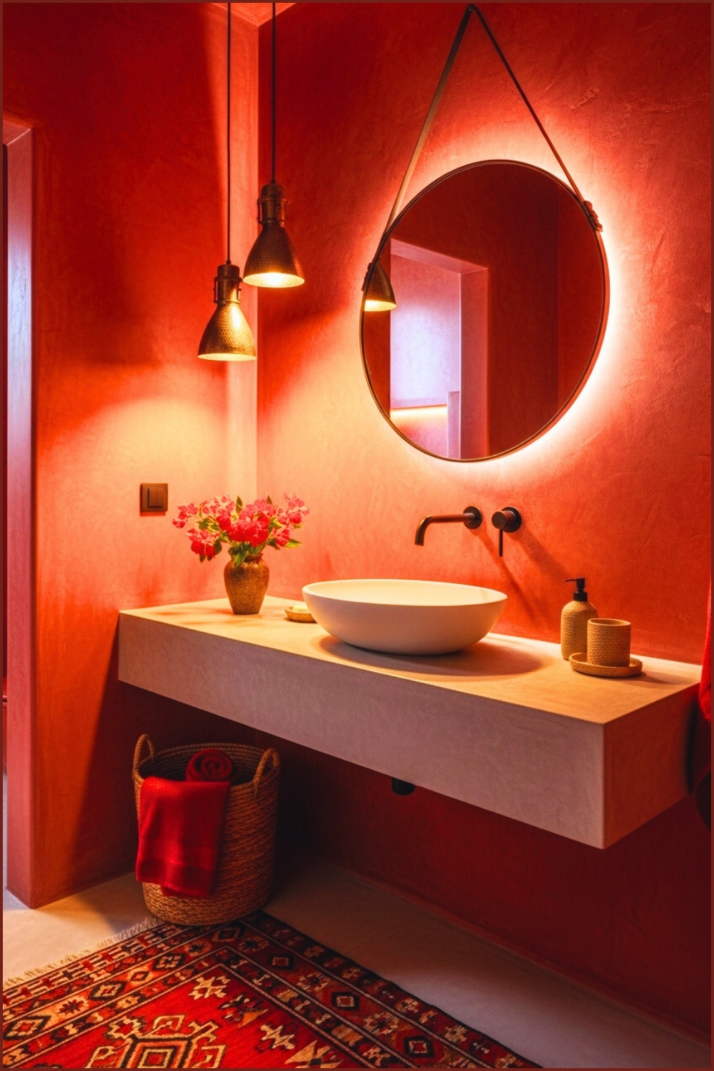 Cozy Bohemian Bathroom Interior With Deep Red