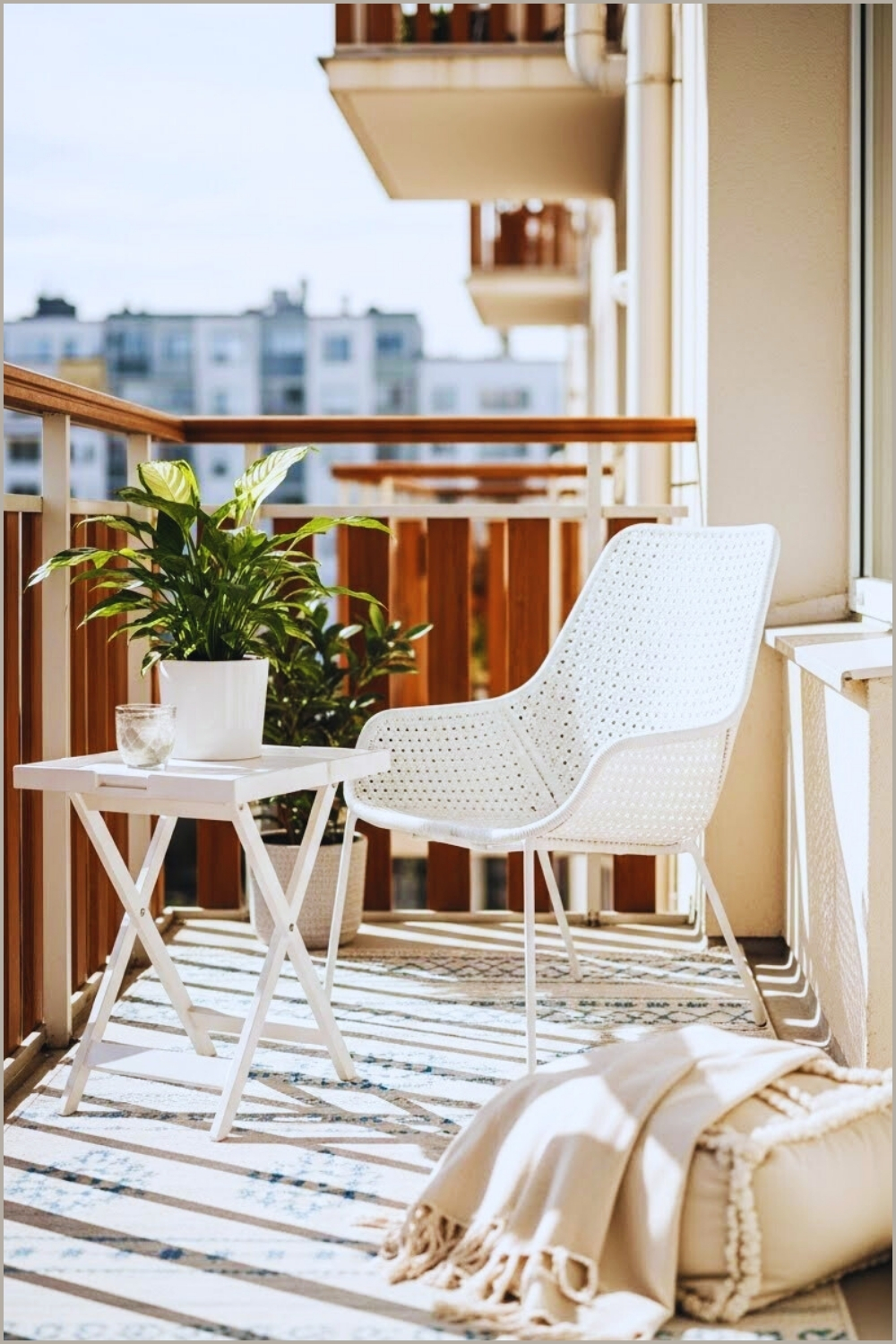 Cozy Boho Apartment Balcony With White Woven Accent Chair