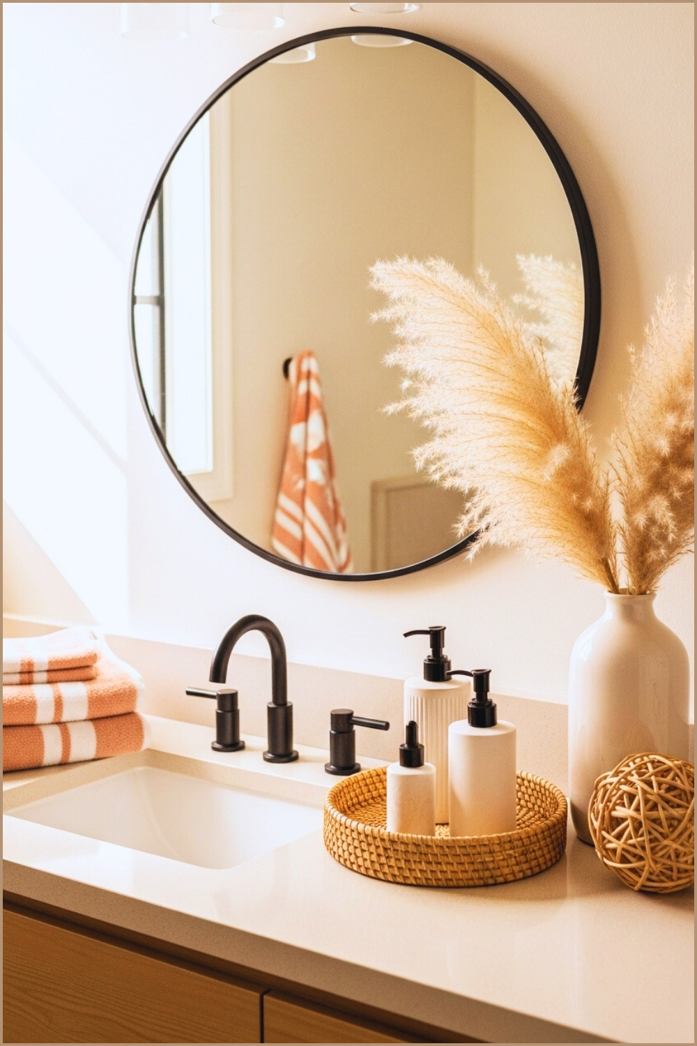 Cozy Boho Bathroom Vanity, Beige Countertop, Matte Black Faucet