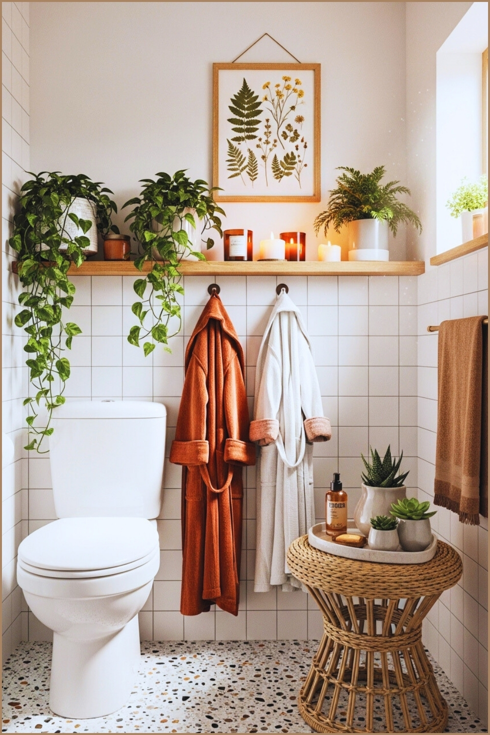 Cozy Boho Bathroom, White Subway Tile Walls, Wooden Shelf