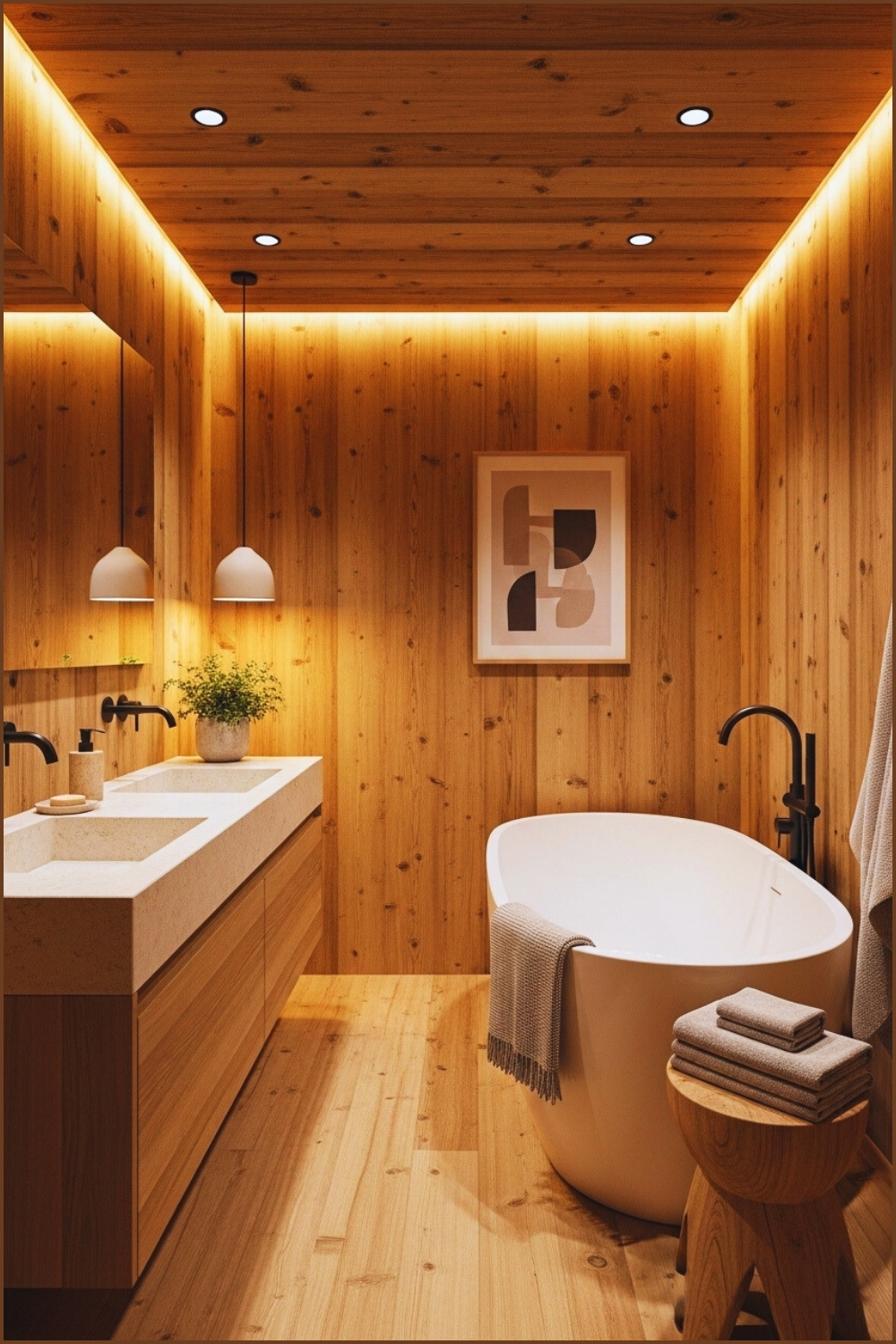 Cozy Chalet Style Bathroom Fully Clad In Natural